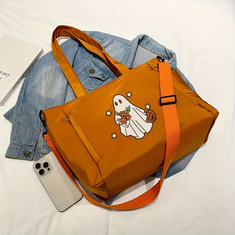 Halloween Theme Casual Tote Bag with Fixed Shoulder Straps, Nylon Material, Zipper Closure, Polyester Lined, Ghost Print Design