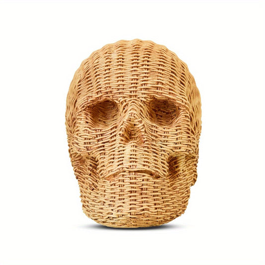 Halloween Brown Faux Rattan Resin Skull Tabletop Decor, 5.5 in