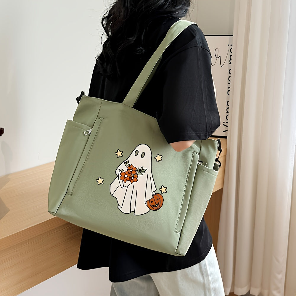 Halloween Theme Casual Tote Bag with Fixed Shoulder Straps, Nylon Material, Zipper Closure, Polyester Lined, Ghost Print Design