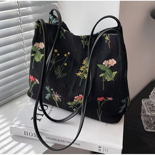 Floral Graphic Tote Bag, Fashion Embroidered Shoulder Bag, Women's Casual Handbag & Purse