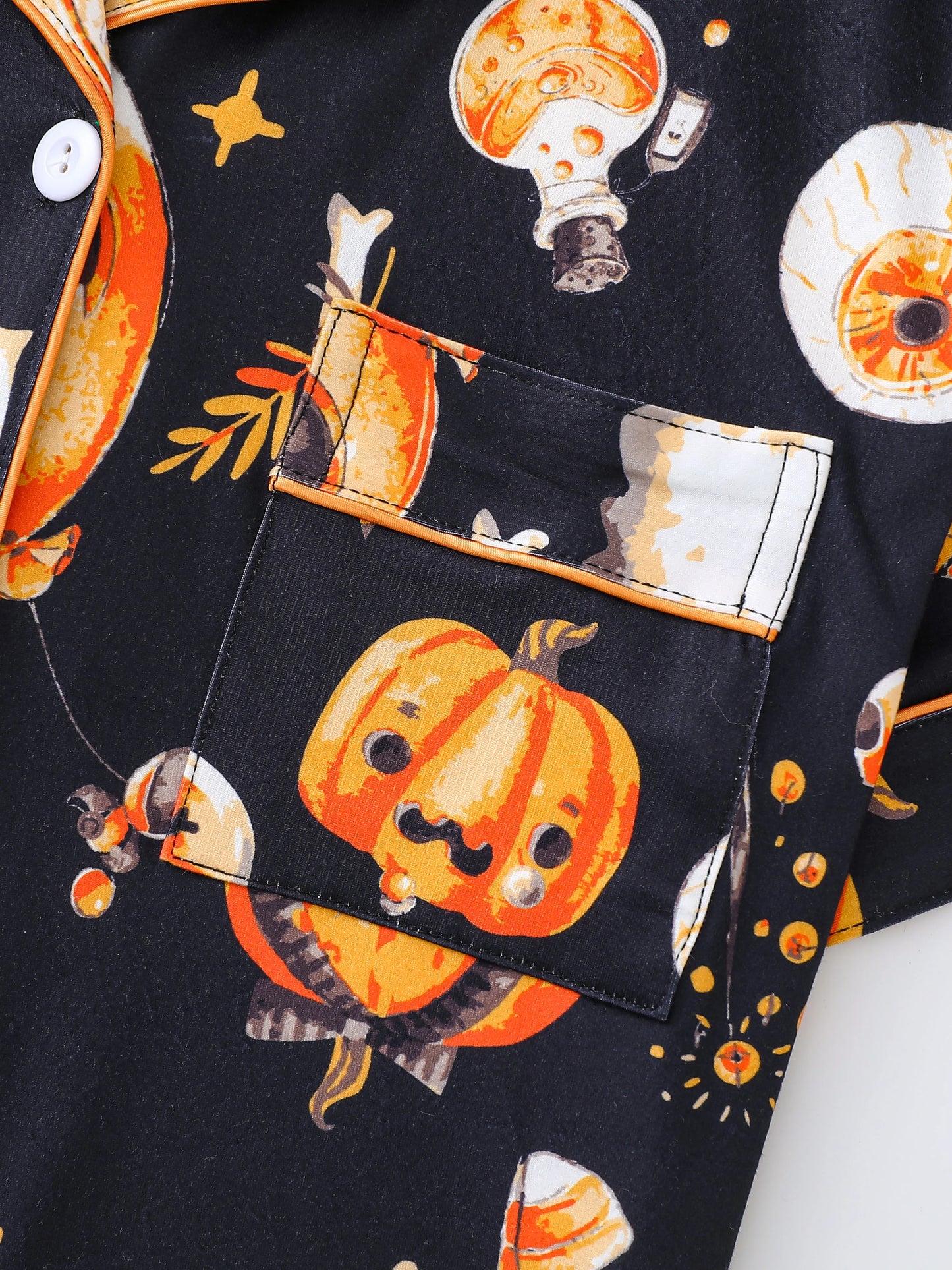 Halloween pumpkin bat print pajama set for women comfortable short-sleeved lapel top and baggy shorts loungewear for women