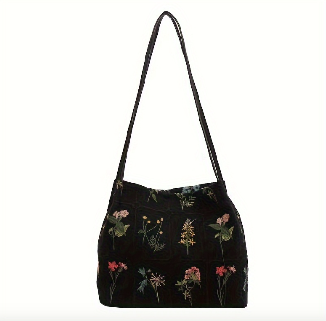 Floral Graphic Tote Bag, Fashion Embroidered Shoulder Bag, Women's Casual Handbag & Purse