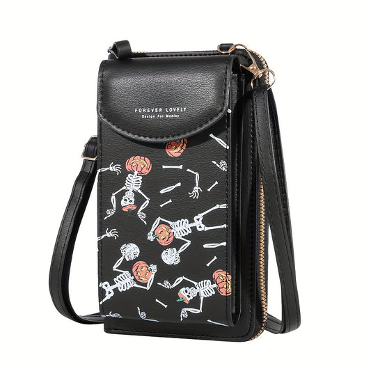 Spooky Ghost Skull Crossbody Wallet Bag - Halloween Zippered Style - Gothic Phone Purse with Secure compartments for Fashion-Forward Witches